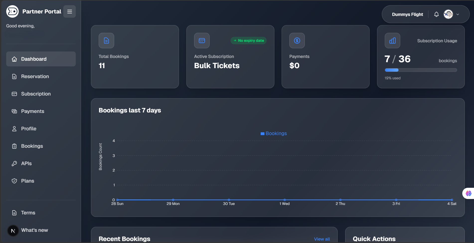 DummysFlight Partner Program agency dashboard for bulk dummy ticket generation